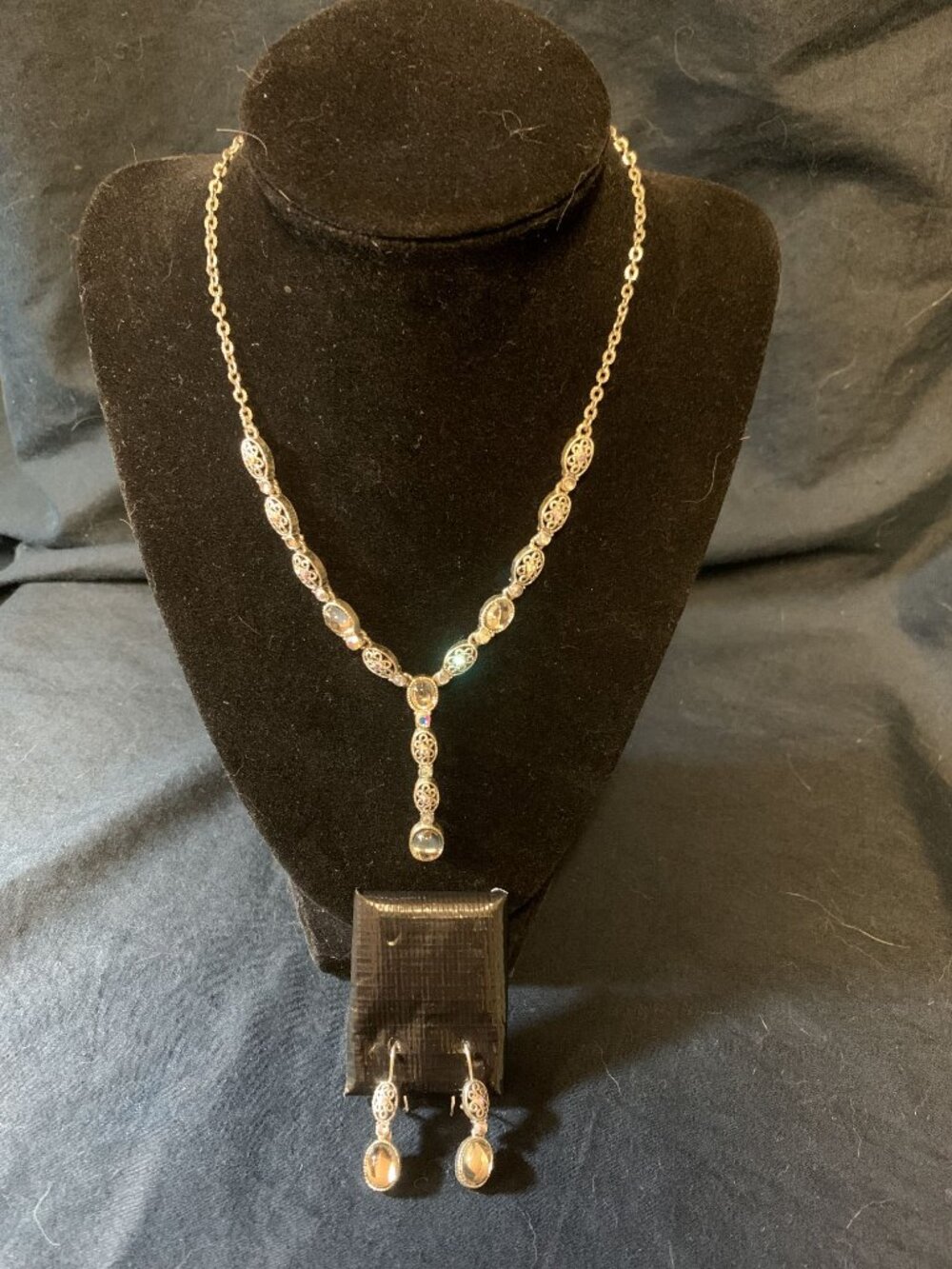 Silver Multi-color Drop Necklace Chain 10” with Matching Earrings